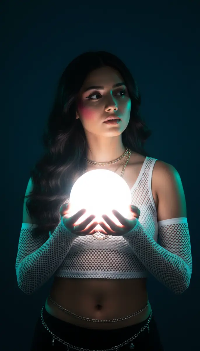 Mysterious Woman Holding Glowing Crystal Orb in Neon Light