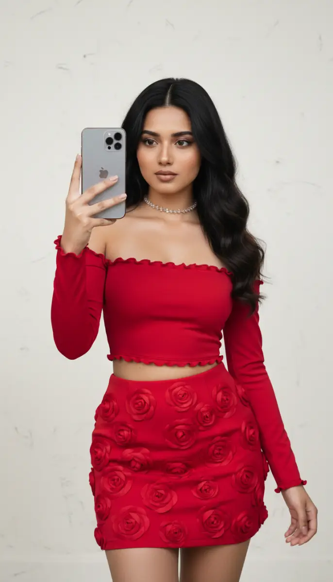 Glamorous Look in Red Rose Mini Skirt and Crop Top