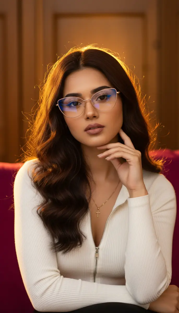 Portrait of a Young Woman in Cat-Eye Glasses with Golden Backlight