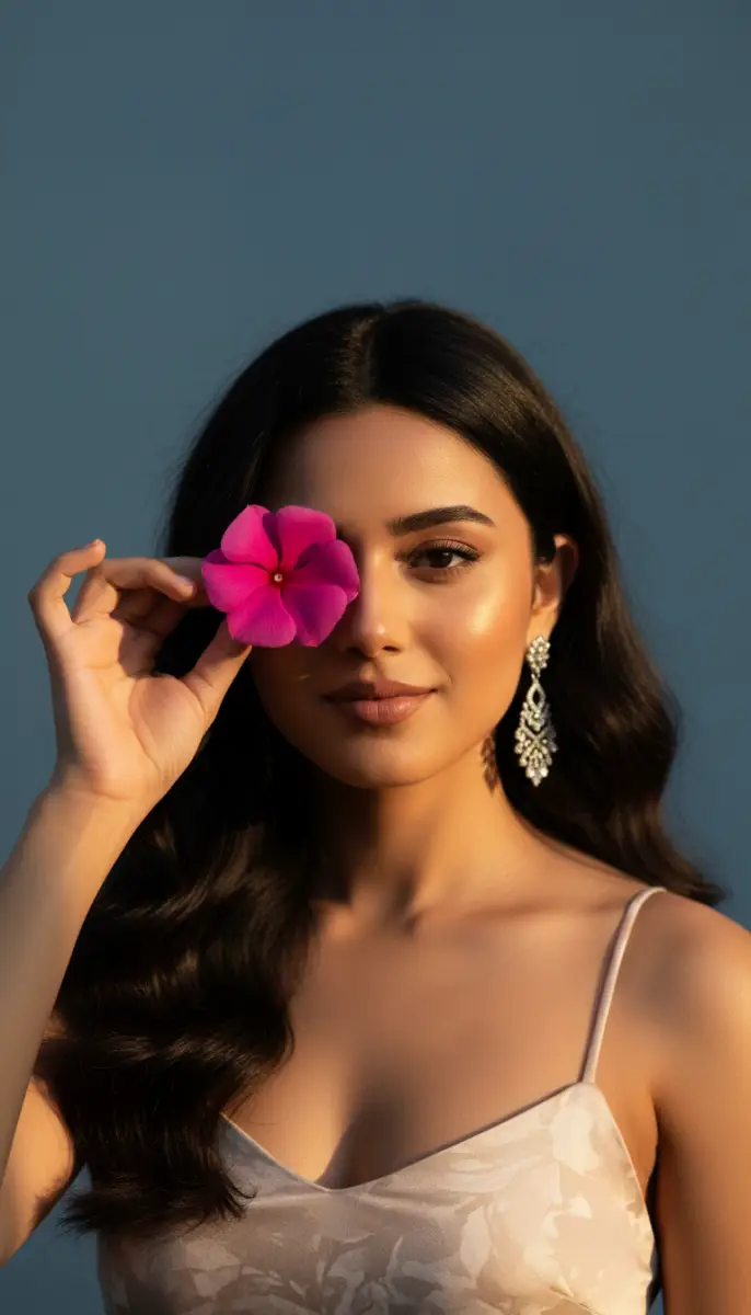 Radiant Portrait of Woman Holding Pink Flower