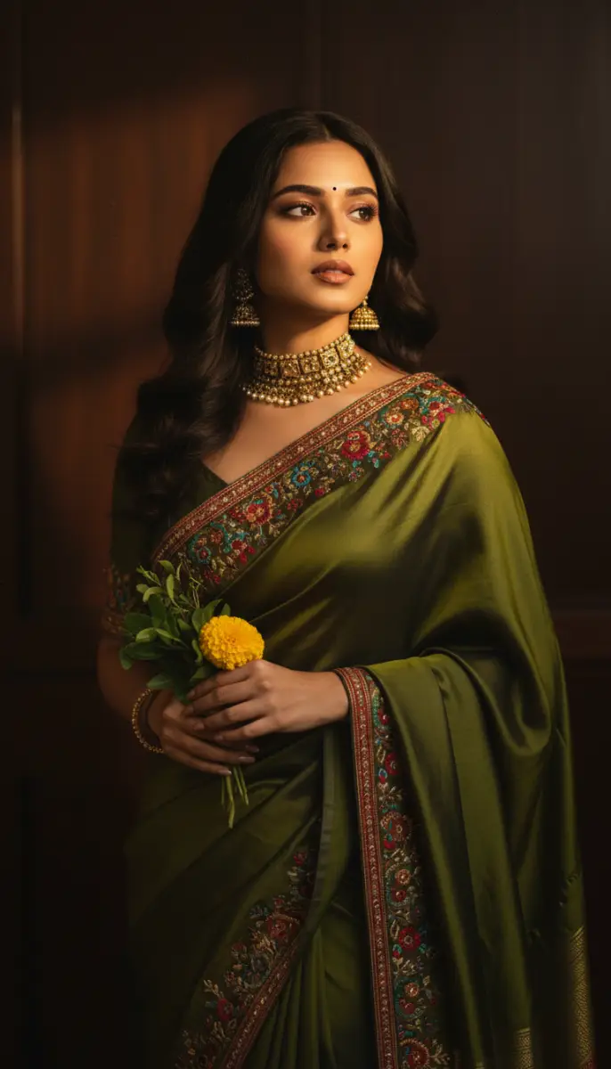 Regal Indian Woman in Olive Green Embroidered Silk Saree and Gold Jewelry