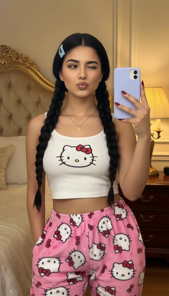 Kawaii Hello Kitty Pajamas Selfie with Braids