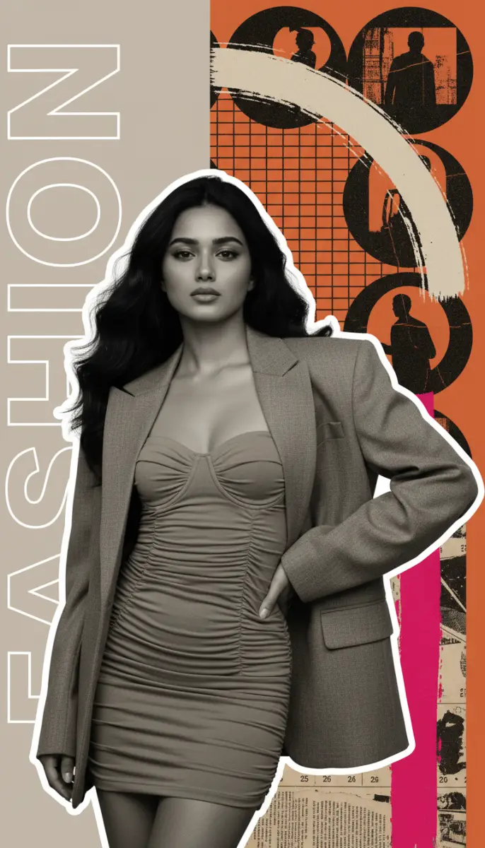 Modern Fashion Collage: Blazer and Ruched Dress