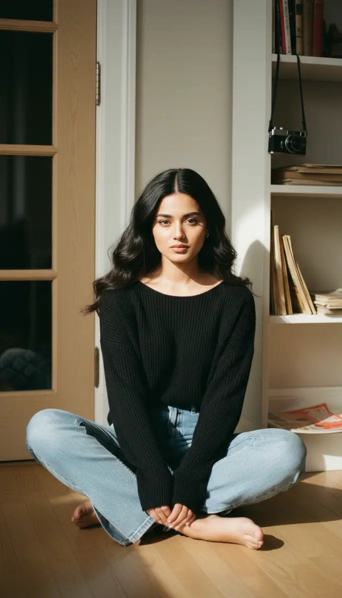 Cozy Indoor Portrait in Black Knitwear and Sunlight