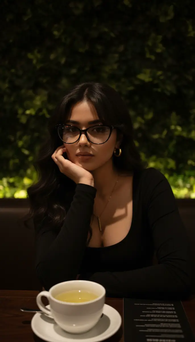 Moody Portrait of Woman in Glasses at a Dimly Lit Cafe