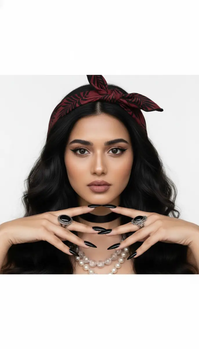 Striking Portrait with Long Black Stiletto Nails and Patterned Bandana