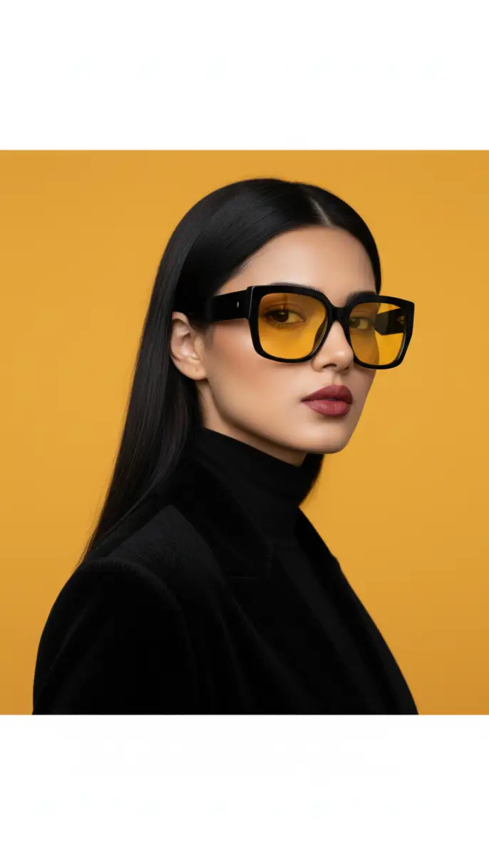 Chic Woman in Black Blazer and Bold Yellow Lens Sunglasses