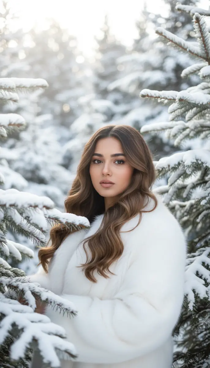 Winter Elegance: Portrait of a Woman in White Fur in a Snowy Forest