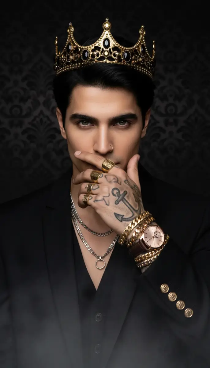 Regal Portrait of a Modern King in Crown and Gold Jewelry