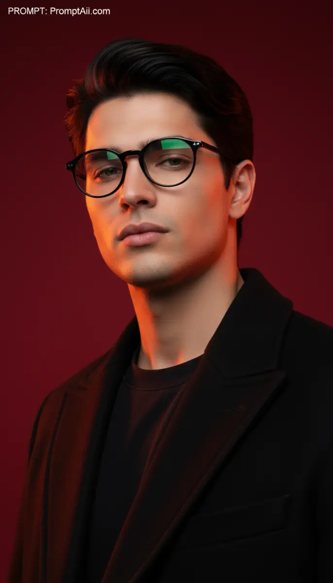 Dramatic Studio Portrait of Man in Black Coat and Round Glasses