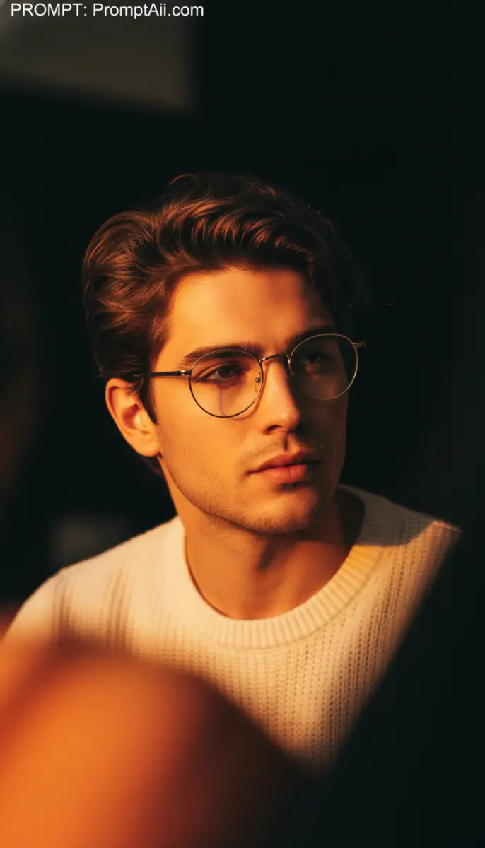 Warm Cinematic Portrait of Young Man in Glasses