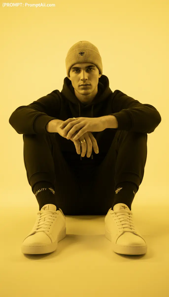 Monochrome Studio Portrait of Man in Streetwear and Vitality Branded Apparel
