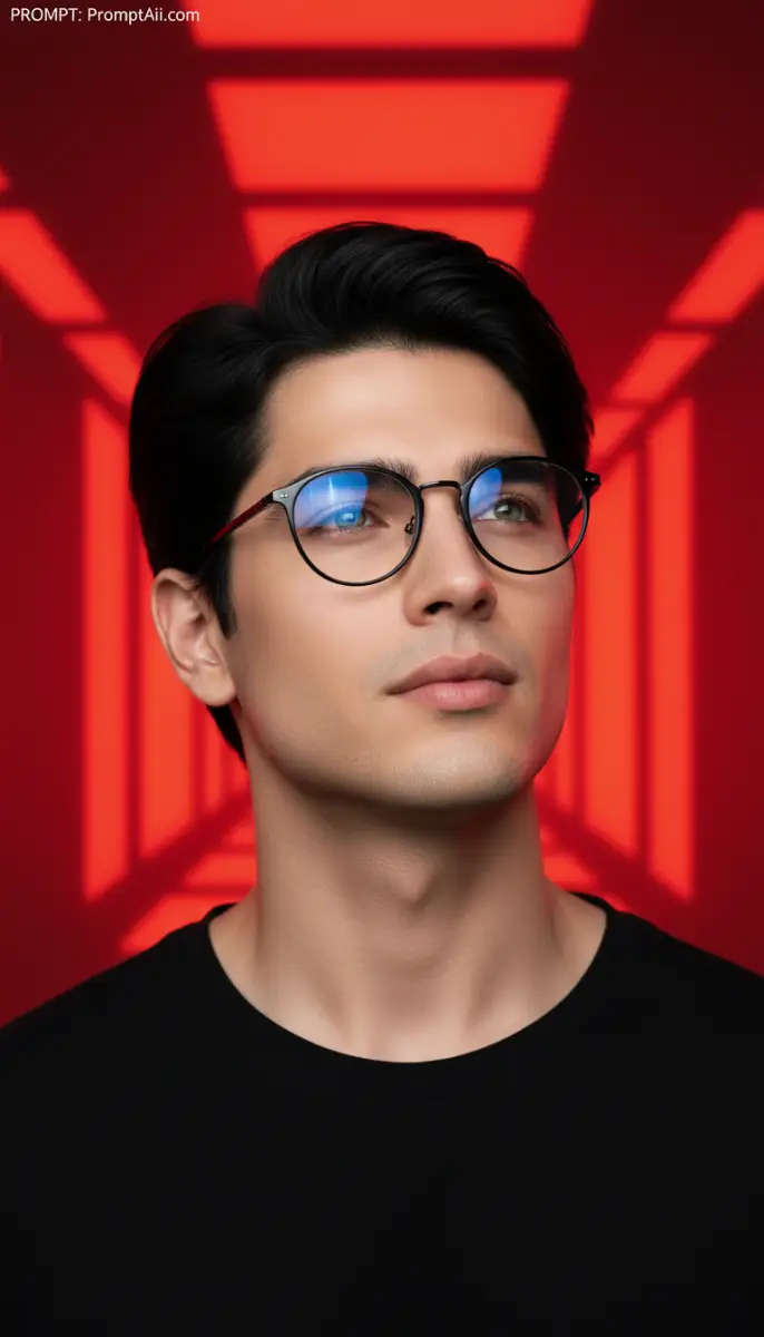 Dramatic Portrait of a Man in Glasses Against a Red Geometric Background