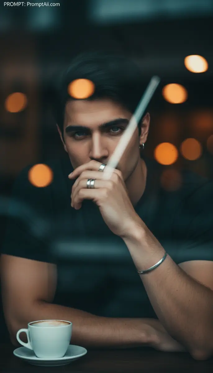Moody Portrait of Man at Cafe Window with Bokeh