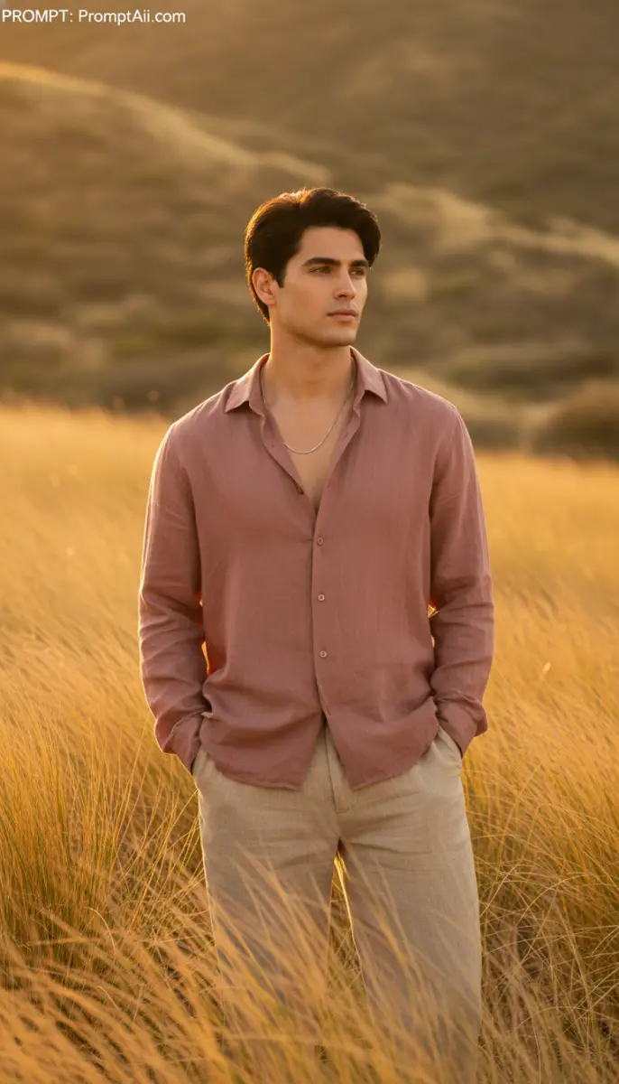 Stylish Man in Linen Shirt in Golden Hour Field