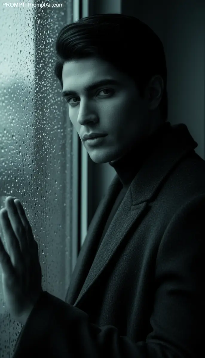 Dramatic Portrait by a Rainy Window in Cool Tones