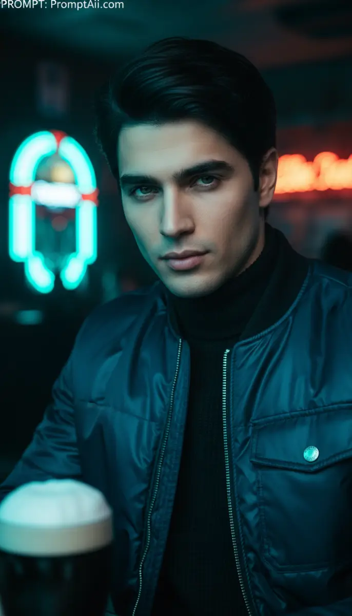 Stylish Man in Teal Bomber Jacket at Neon Bar