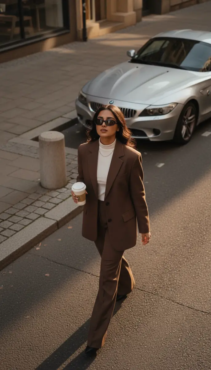 Confident Woman in Brown Suit Walking Past a Silver Sports Car