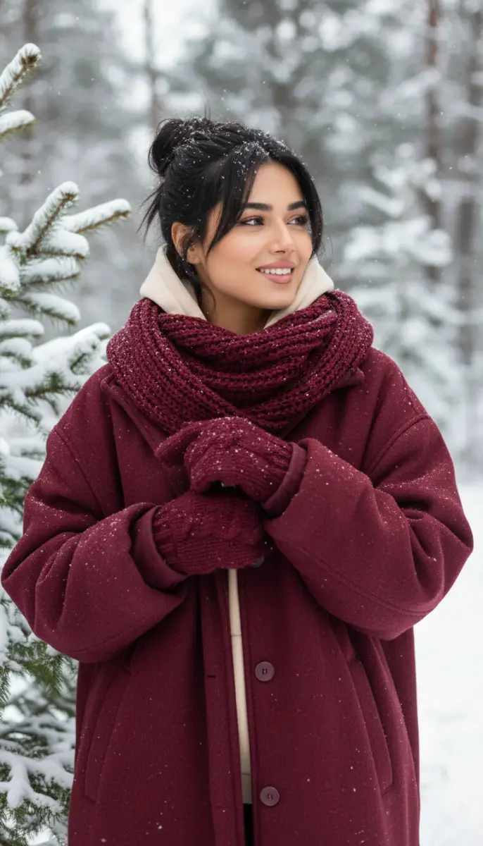 Portrait of a Smiling Woman in a Burgundy Coat and Scarf in a Snowy Forest