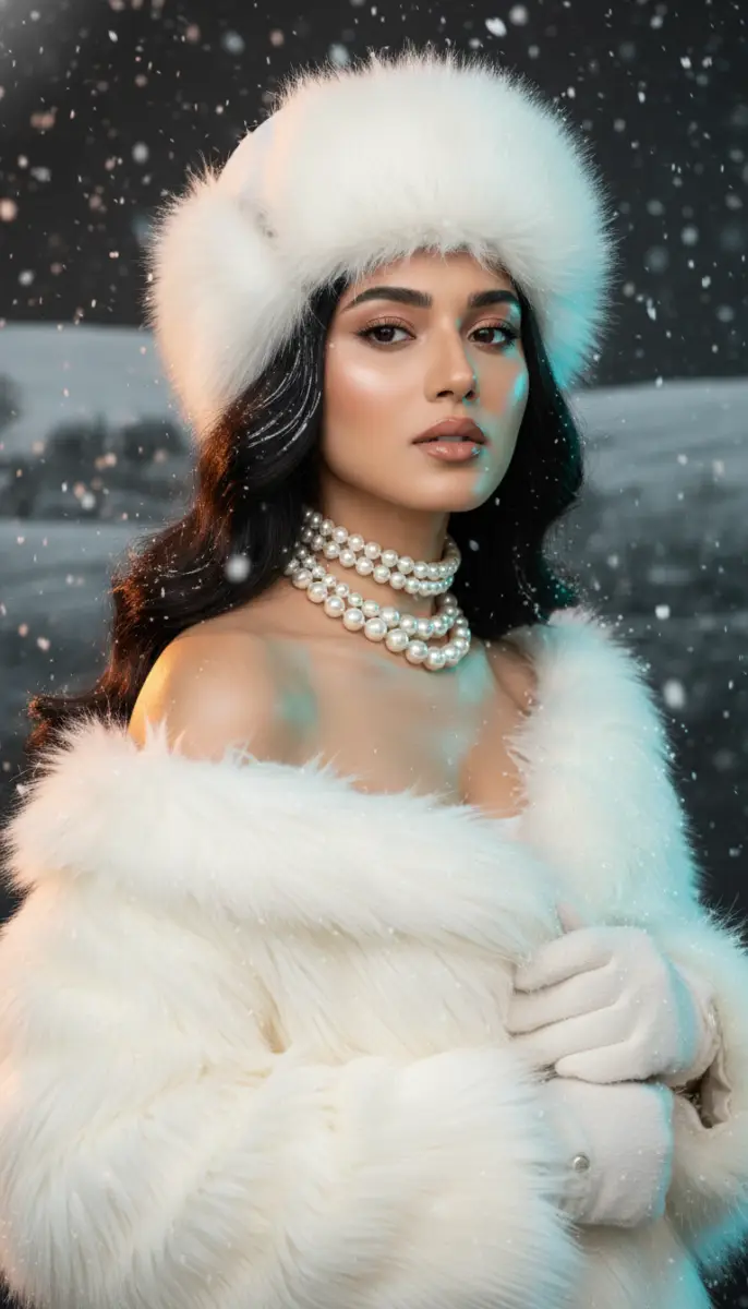 Glamour Portrait of Woman in White Fur and Pearls in Snow