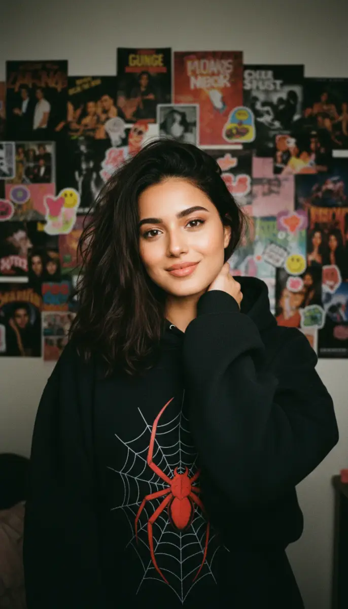 Youthful Portrait in Spider Hoodie Against Collage Wall