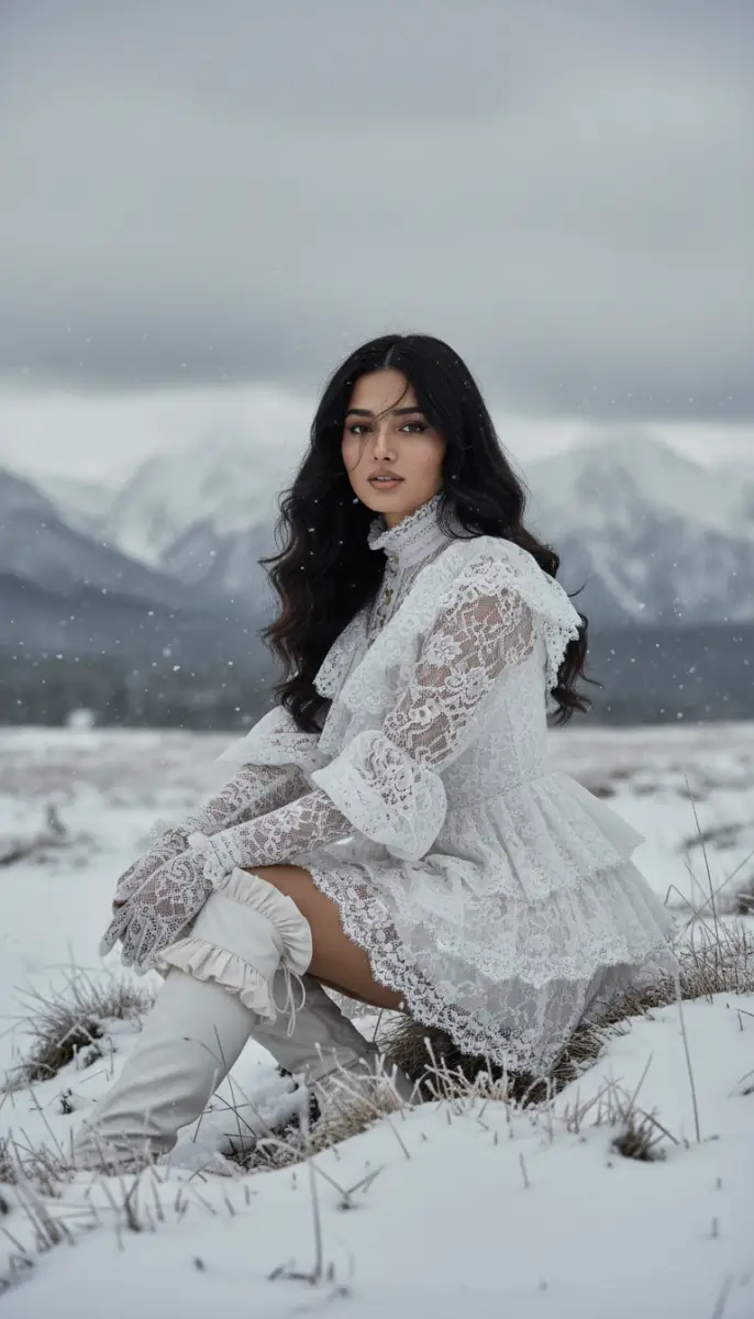 Ethereal Winter Portrait in White Lace and Snow