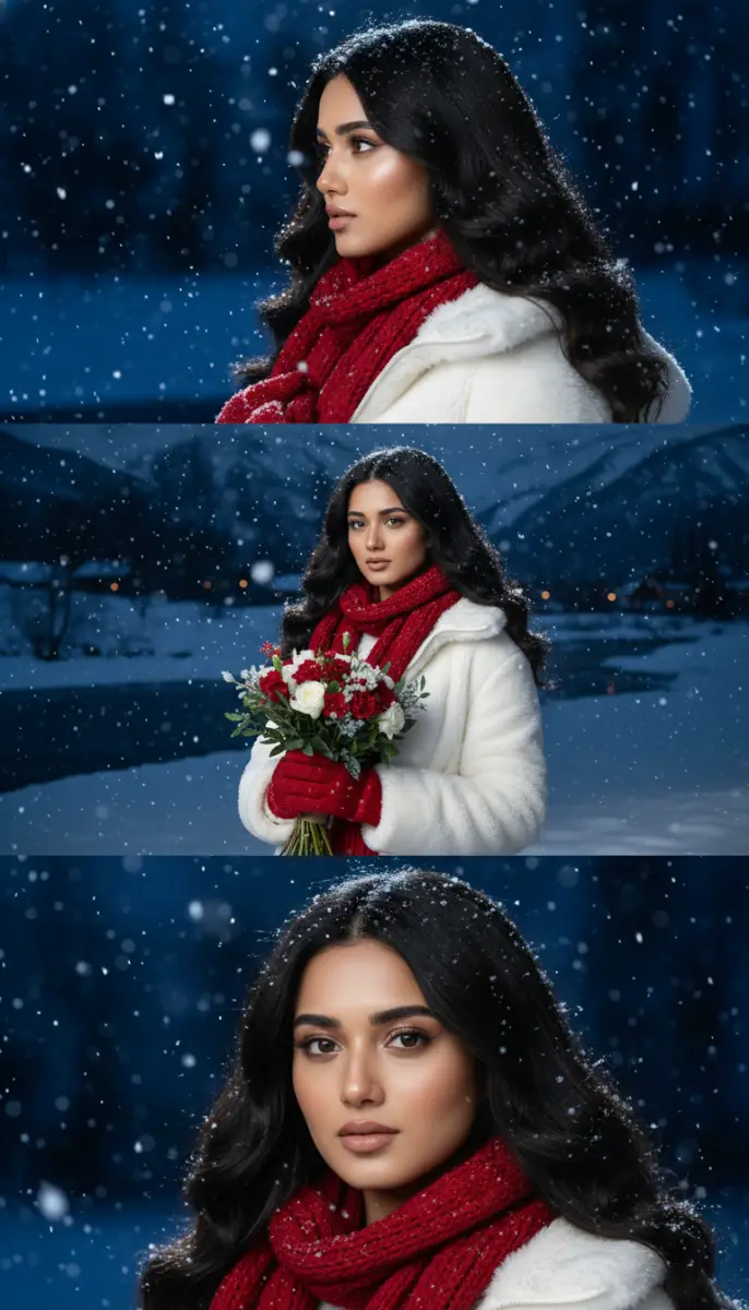 Elegant Woman in Red and White During a Snowy Winter Night