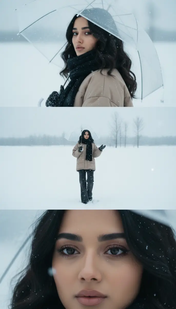 Winter Portrait Triptych: Woman with Clear Umbrella in Snow