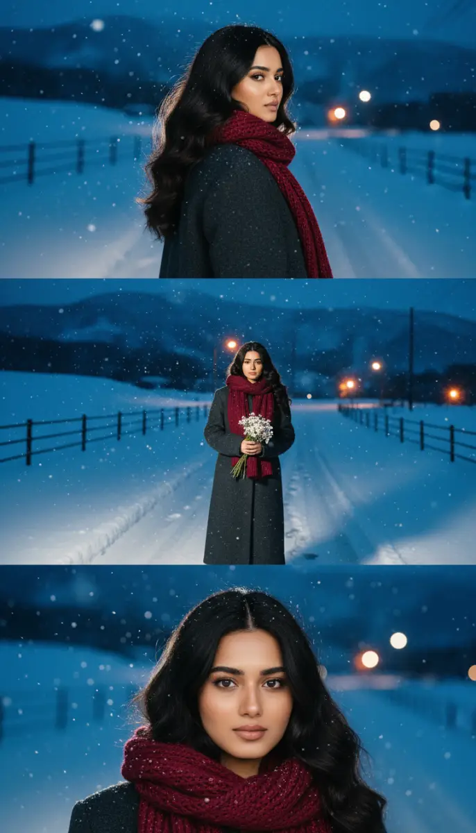 Cinematic Winter Portrait of a Woman in Snow