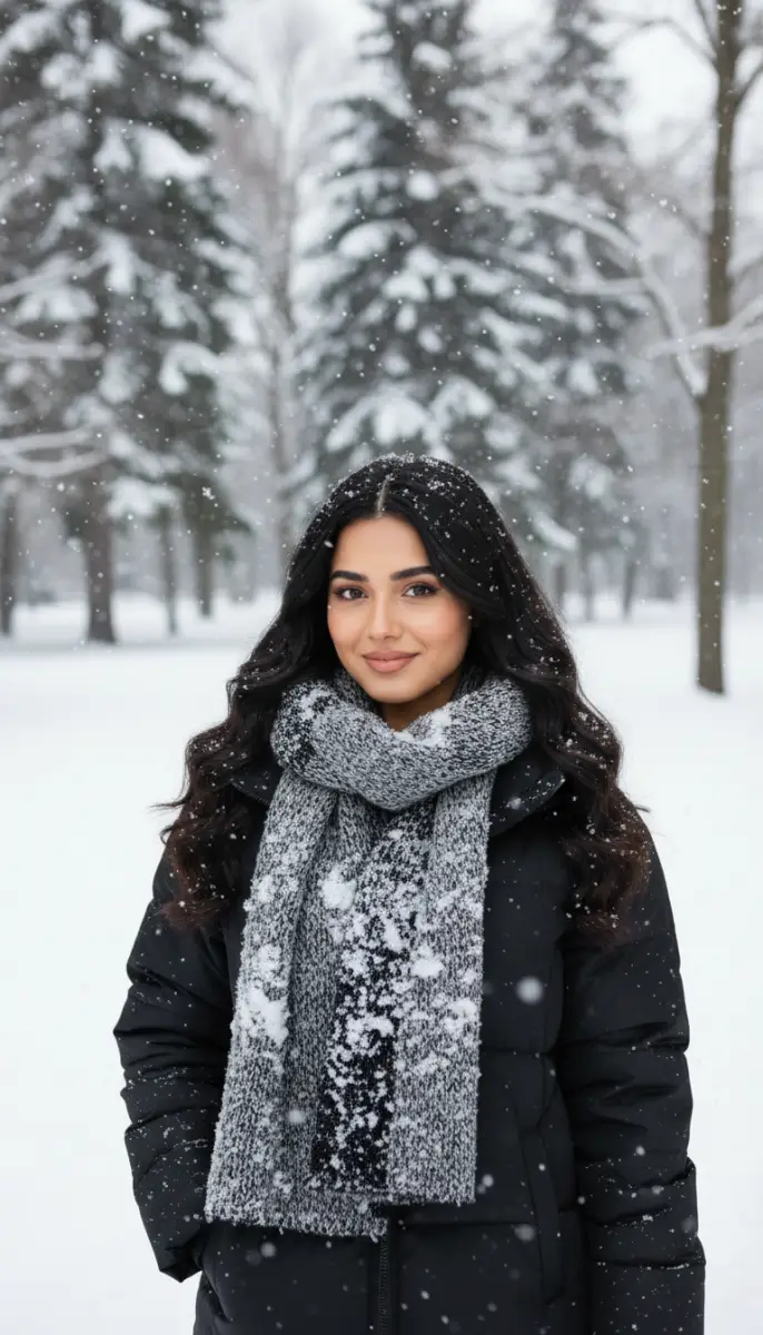 Winter Portrait of Woman in Snowy Park with Scarf