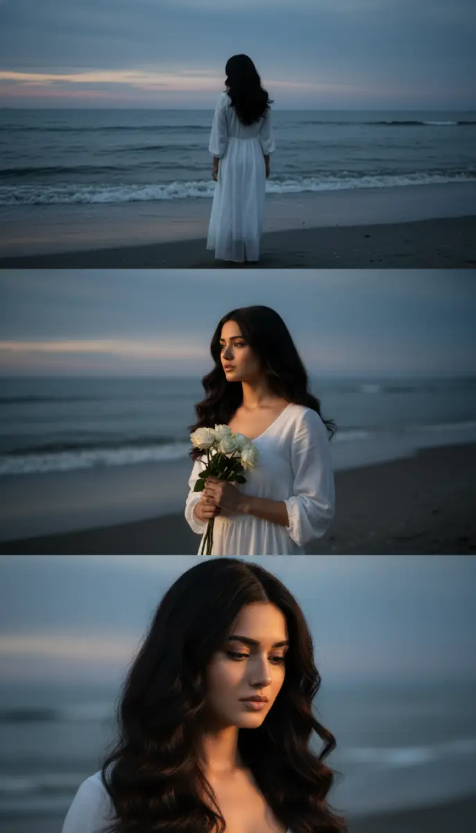 Twilight Reflections: Portrait Triptych on the Beach