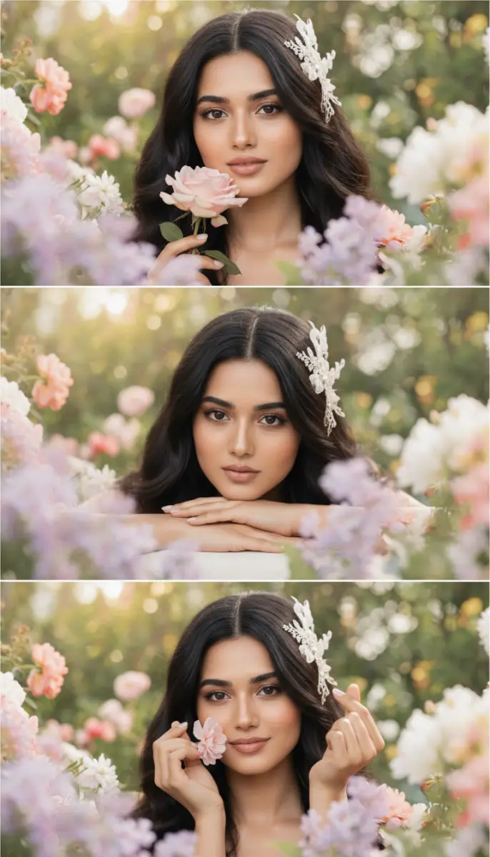 Enchanting Bridal Portrait Triptych in a Rose Garden