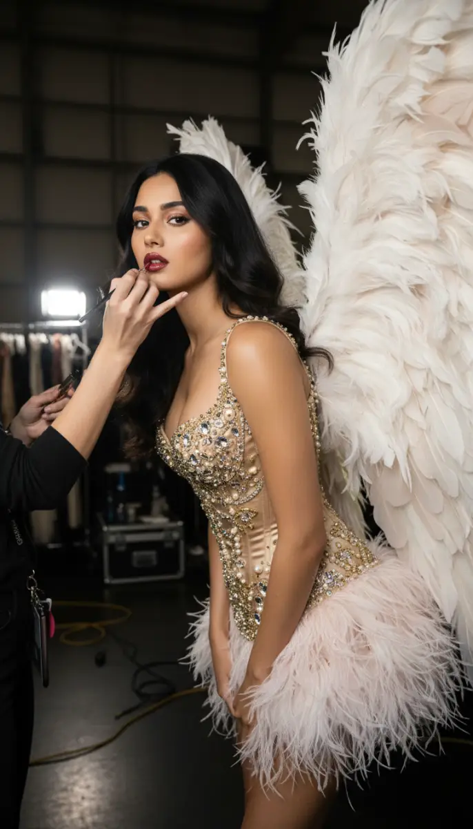 Glamorous Model Backstage Applying Final Touches of Makeup