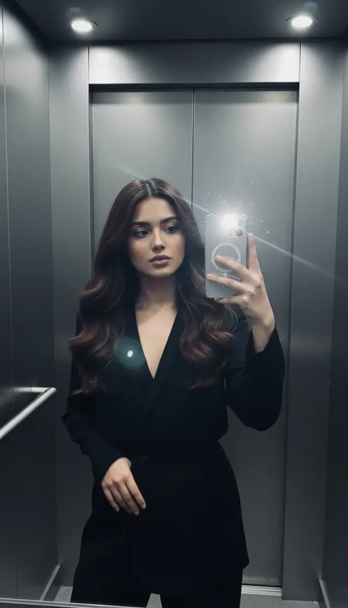 Chic Elevator Mirror Selfie in Black Blazer Dress