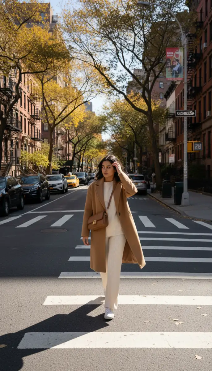 Autumnal Street Style: Woman in Camel Coat and Knit Set
