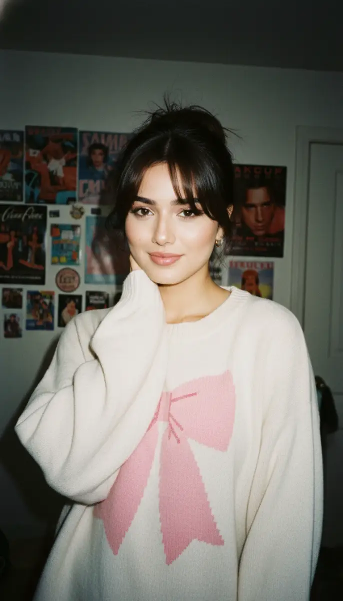 Cozy Portrait of Woman in Oversized Pink Bow Sweater
