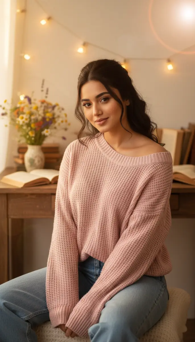 Cozy Portrait of Woman in Pink Sweater Surrounded by Books and Fairy Lights