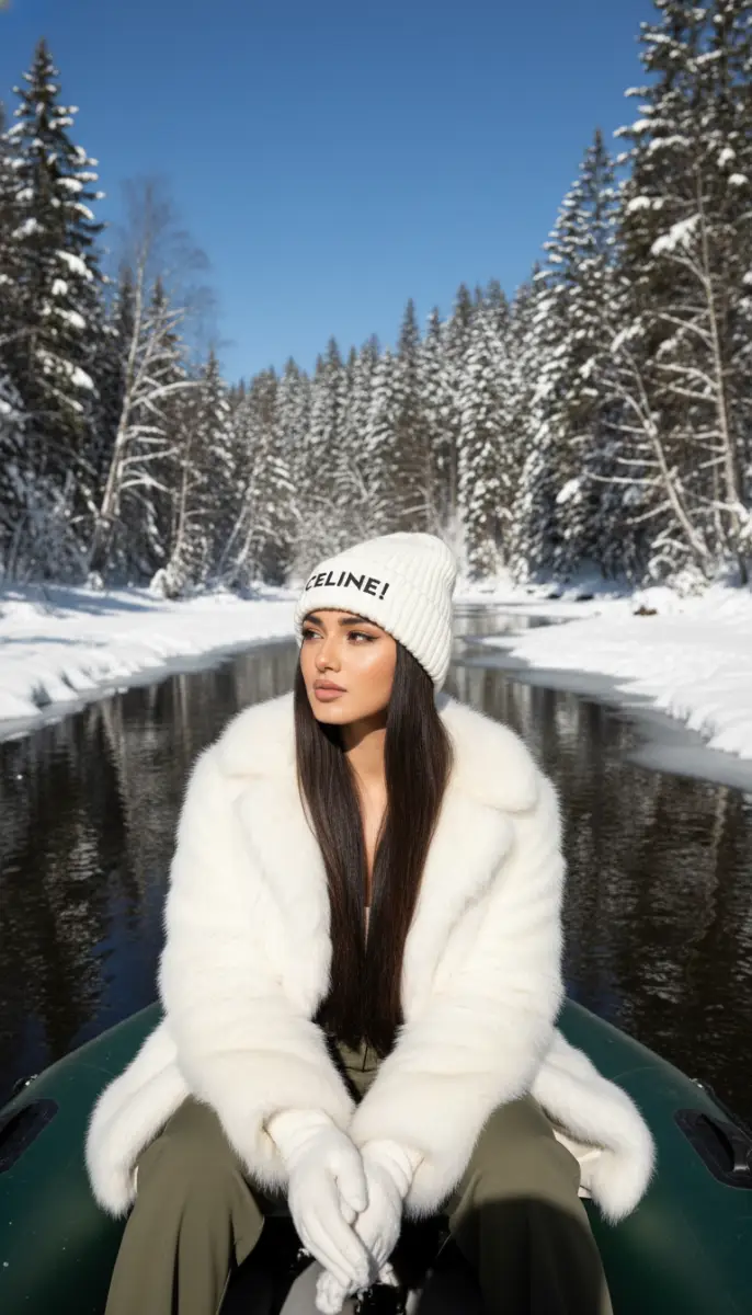 Stylish Woman in White Fur Coat Riding a Boat on a Winter River