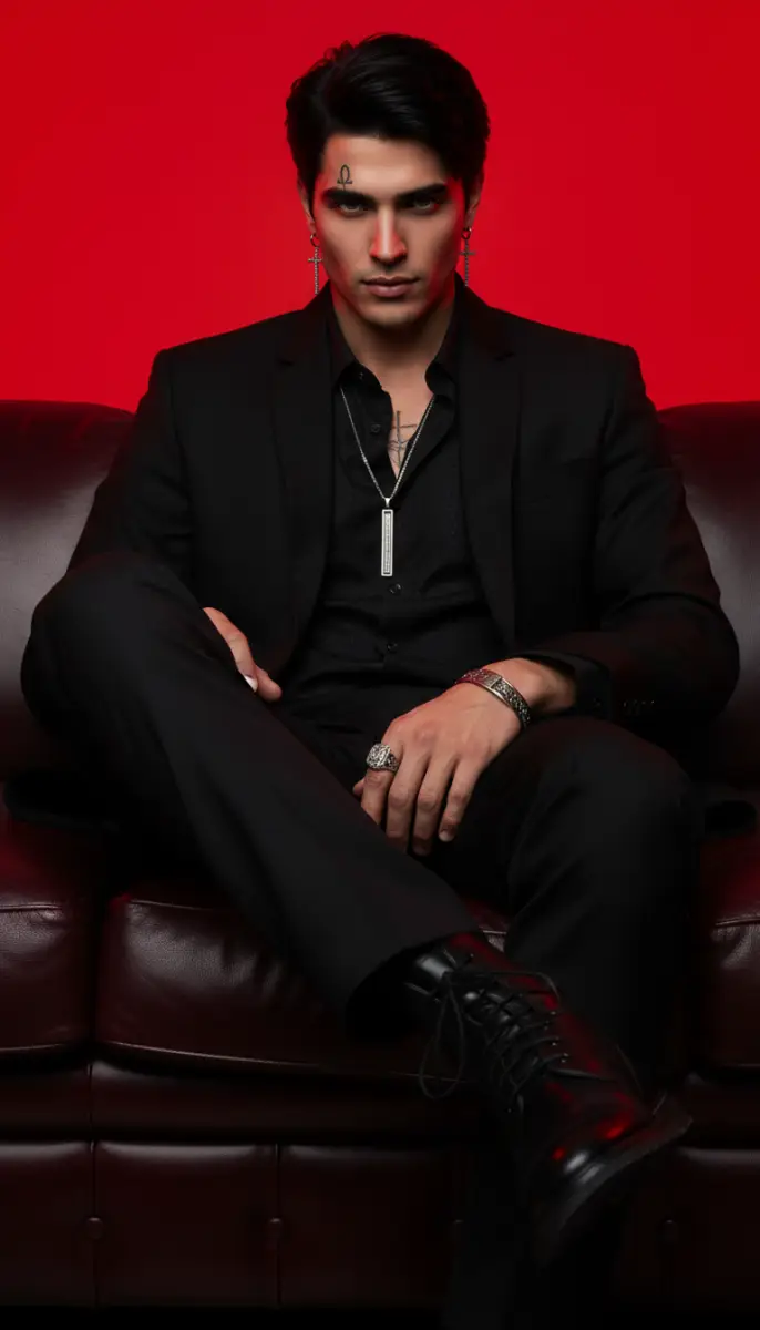 Gothic Style Portrait of Man in Black Suit on Red Background