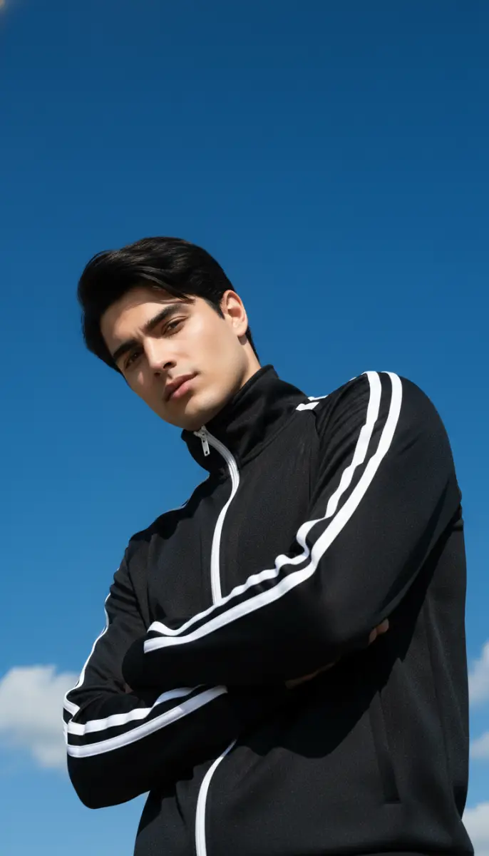 Serious Young Man in Track Jacket Against Blue Sky