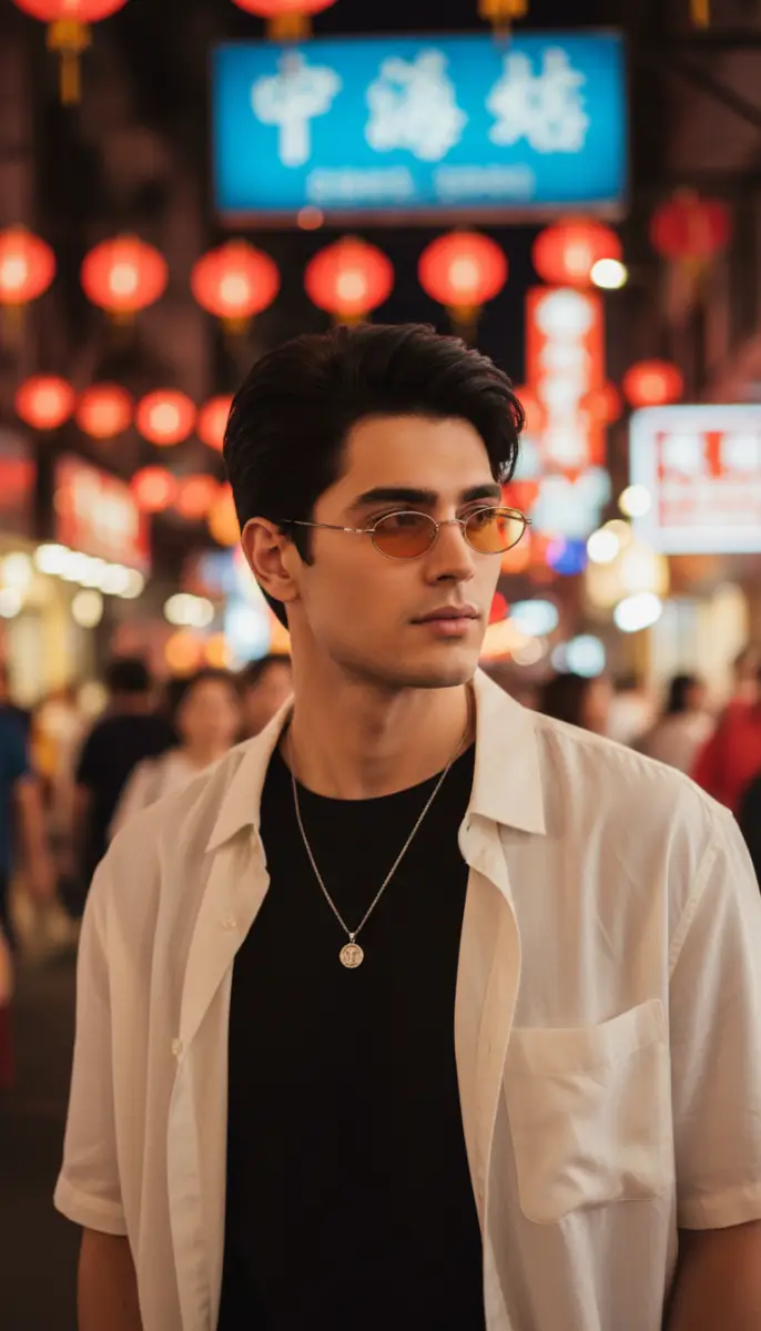 Nighttime Portrait with Amber Glasses and Neon Glow