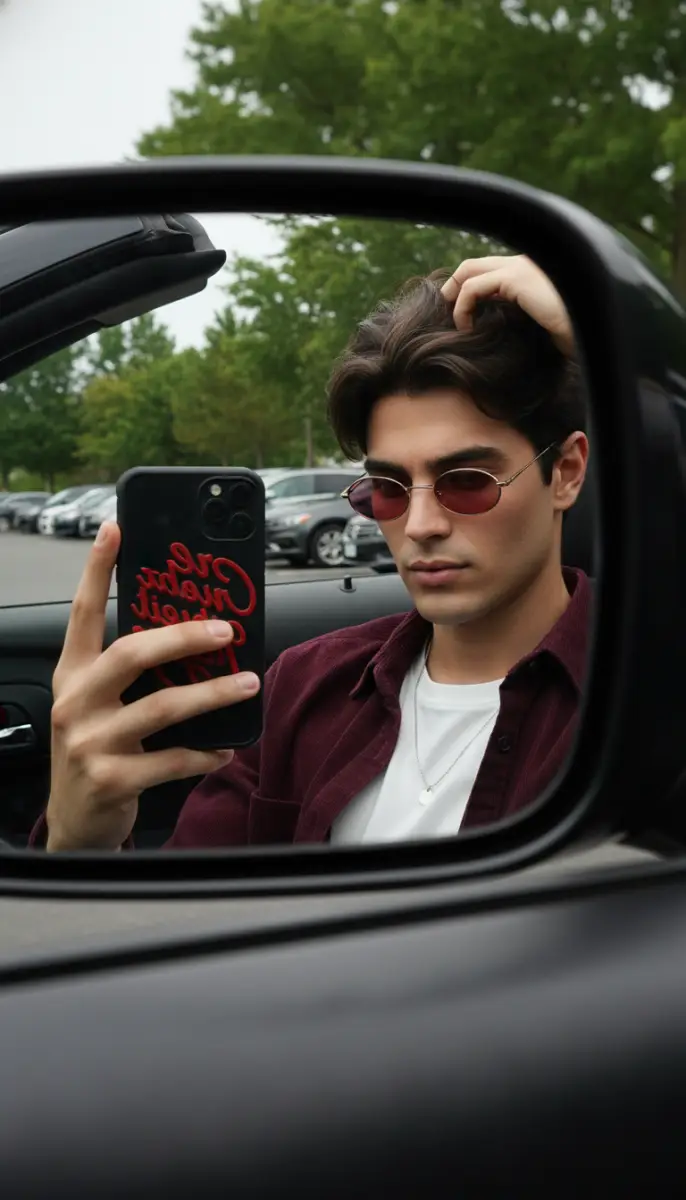 Side Mirror Selfie of a Man in Burgundy and Tinted Sunglasses