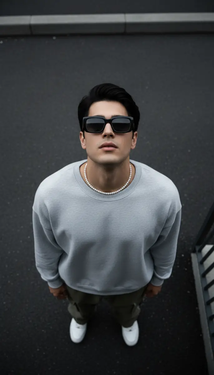 High-Angle Portrait of a Stylish Man in Streetwear, Pearls, and Sunglasses