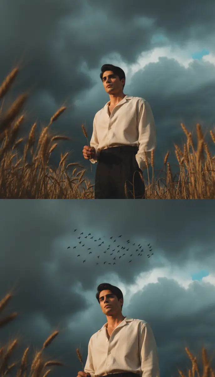 Cinematic Portrait in Wheat Field Under Stormy Sky