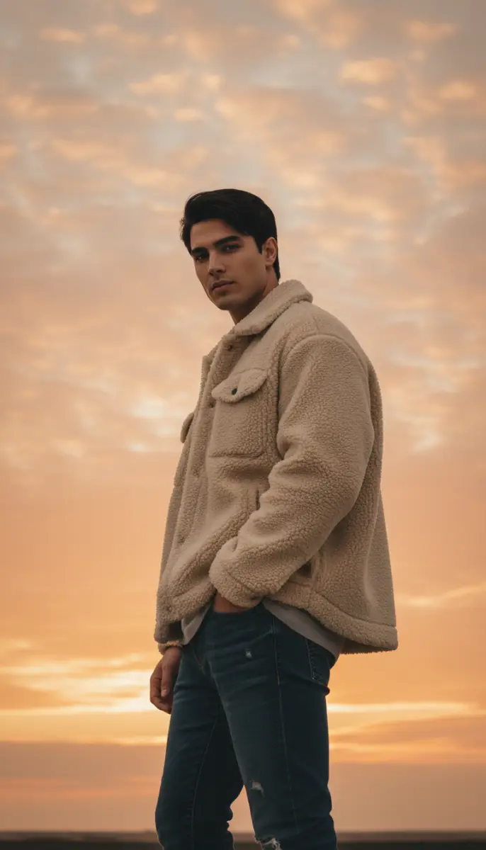 Stylish Man Posing in Sherpa Jacket Against Sunset Sky