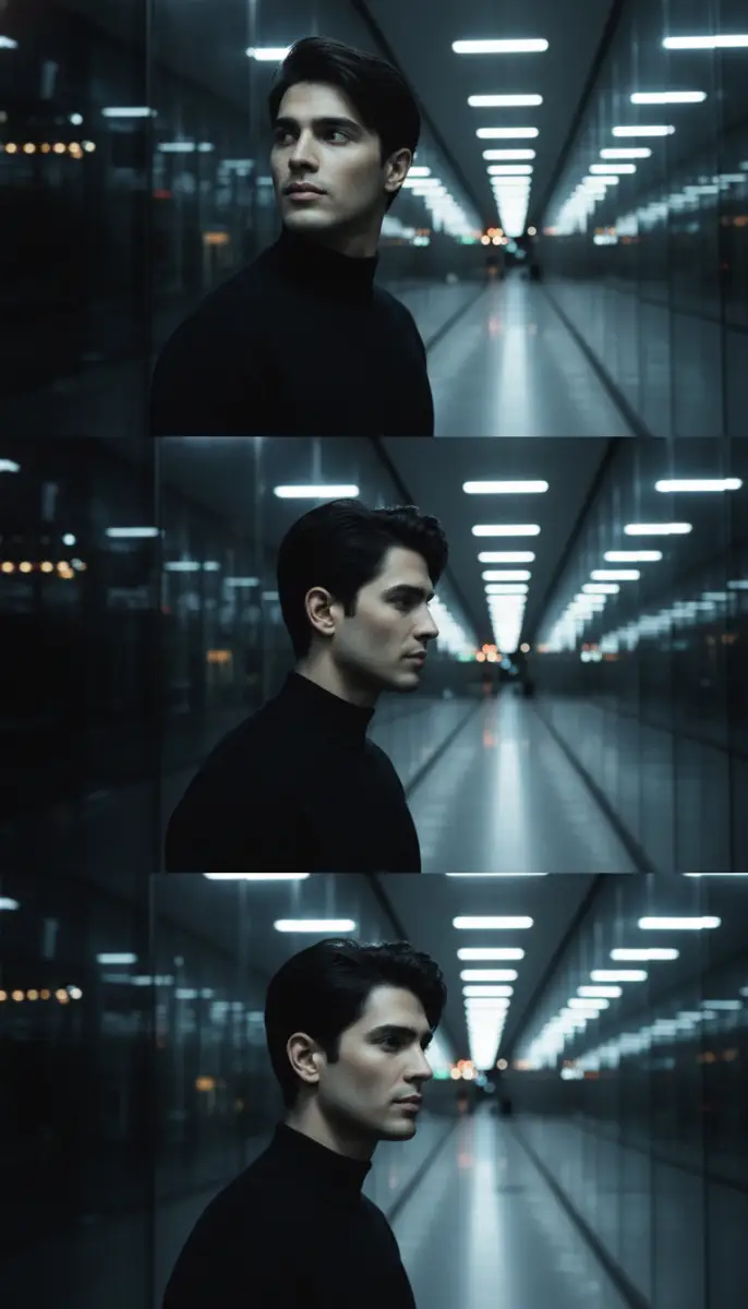 Sleek Portrait in Neon Lit Corridor Triptych