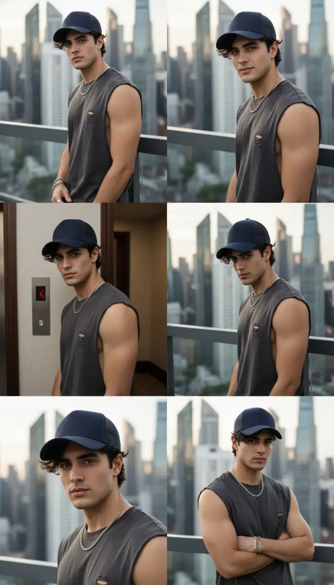 Urban Edge: Male Model in Distressed Tank Top and Navy Cap on City Rooftop