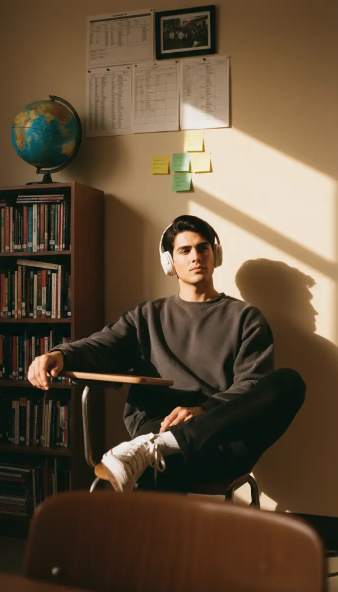 Student Listening to Music in a Sundrenched Classroom