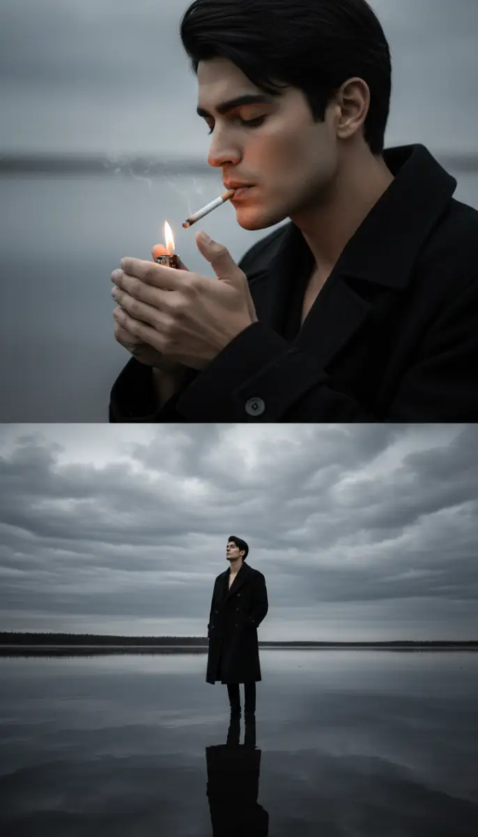 Moody Portrait Diptych: Man in Black Coat by the Water