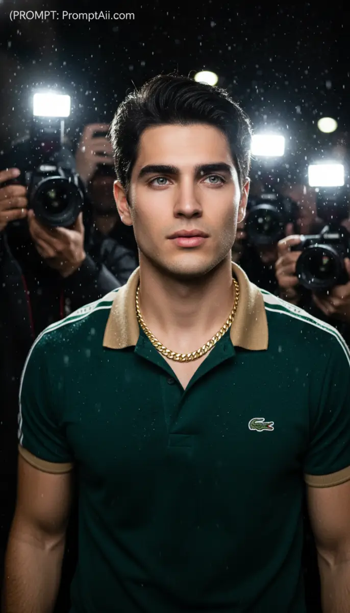 Celebrity Encounter: Man in Green Polo Under Paparazzi Flashes